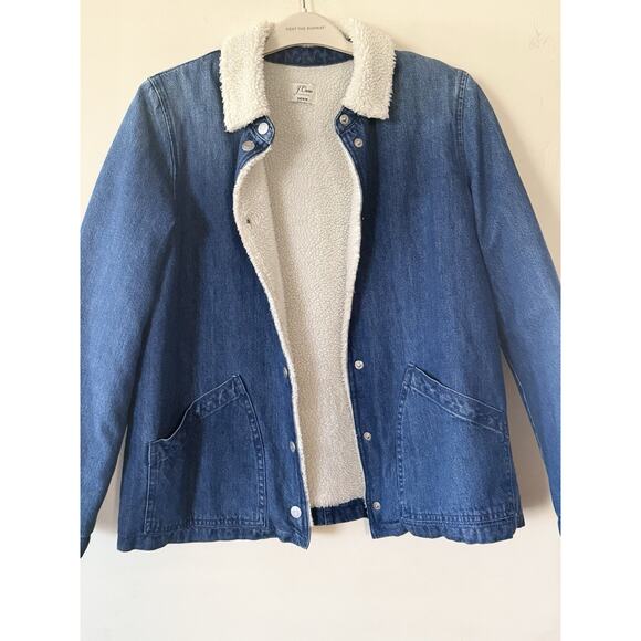 MINT J. Crew Denim Sherpa Swing Jean Denim Blue White Fur Trim Jacket Sz L EUC - Picture 5 of 12